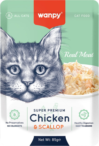 Изображение товара Влажный корм для кошек Wanpy Cat Кусочки курицы и гребешки (85г)