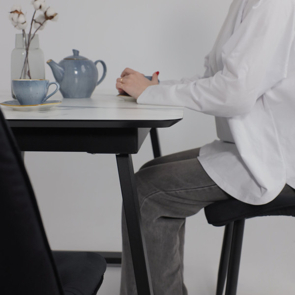 Изображение товара Обеденный стол LEPREMO AV 1208 HPL+МДФ раздвижной 1200-1600x800 (мрамор белый/черный)