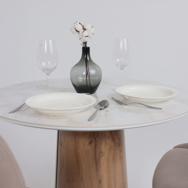 Изображение товара Обеденный стол LEPREMO AV 2317 МДФ+керамика 900 (белый глянцевый Carla Larkin/черный+HPL дуб вотан)