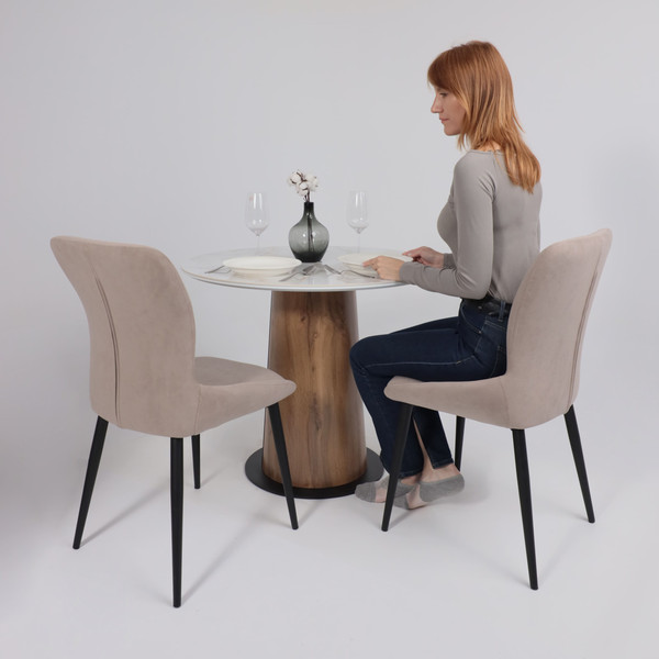 Изображение товара Обеденный стол LEPREMO AV 2317 МДФ+керамика 900 (белый глянцевый Carla Larkin/черный+HPL дуб вотан)