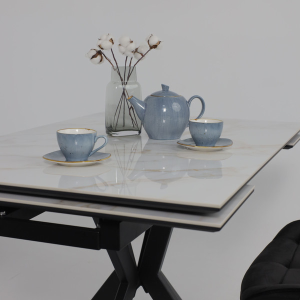 Изображение товара Обеденный стол LEPREMO AV 2111 МДФ+керамика раздвижной 1200-1800x800 (белый глянцевый Carla Larkin/черный)