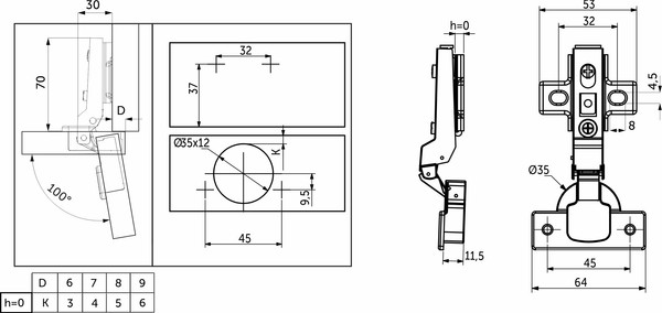 Изображение товара Петля мебельная AKS Полунакладная с доводчиком 45мм h0 Clip-On / 11 137