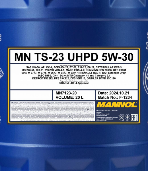 Изображение товара Моторное масло Mannol TS-23 UHPD 5W30 CK-4 / 7123 (20л)