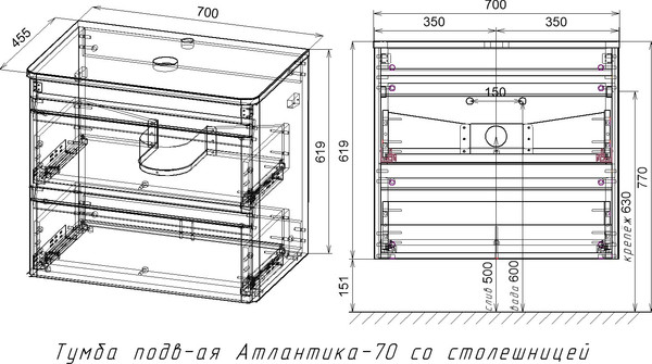 Изображение товара Тумба под умывальник Symbolite Атлантика 70 Люкс Plus 2 ящика со столешницей (подвесная, бетон темный)