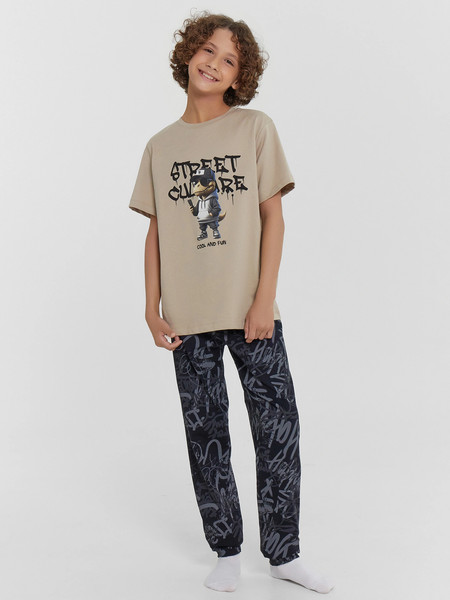 Изображение товара Пижама детская Mark Formelle 563321-1 (р.128-64, бежевый/граффити на черном)