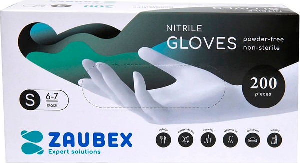 Изображение товара Перчатки одноразовые Zaubex Нитриловые неопудренные / 9122530 (S, 200шт, черный)