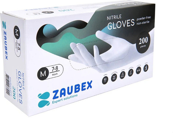 Изображение товара Перчатки одноразовые Zaubex Нитриловые неопудренные / 9122531 (M, 200шт, черный)