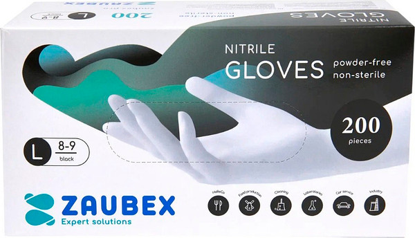 Изображение товара Перчатки одноразовые Zaubex Нитриловые неопудренные / 9122532 (L, 200шт, черный)