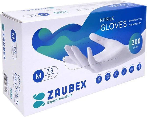 Изображение товара Перчатки одноразовые Zaubex Нитриловые неопудренные / 9122527 (M, 200шт, голубой)
