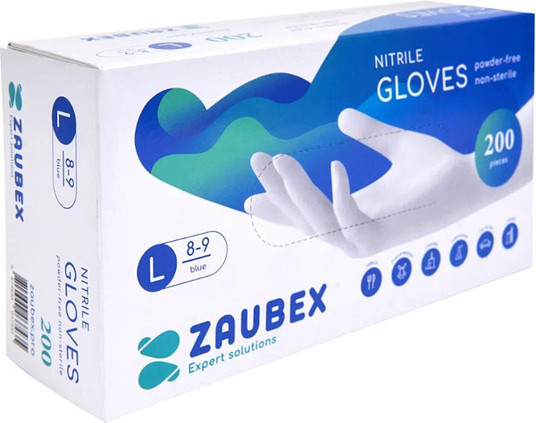 Изображение товара Перчатки одноразовые Zaubex Нитриловые неопудренные / 9122528 (L, 200шт, голубой)
