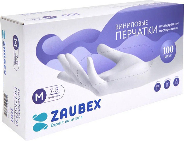 Изображение товара Перчатки одноразовые Zaubex Виниловые / 9122525 (M, 100шт, прозрачный)