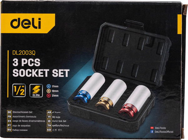 Изображение товара Набор головок слесарных Deli YS EDL2003Q (1/2", 17/19/21мм, 3шт, кейс)