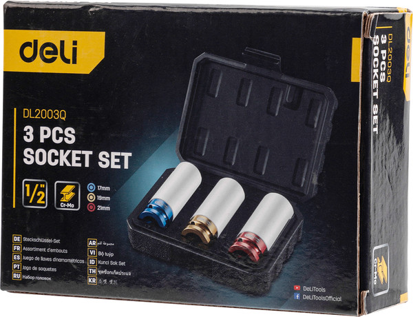 Изображение товара Набор головок слесарных Deli YS EDL2003Q (1/2", 17/19/21мм, 3шт, кейс)