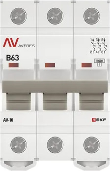 Изображение товара Выключатель автоматический EKF Averes AV-10 3P 63A (B) 10kA / mcb10-3-63B-av
