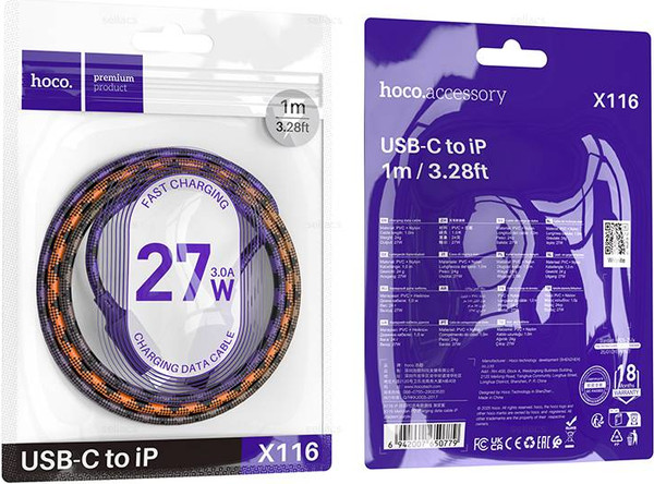 Изображение товара Кабель Hoco X116 Type-C to Lightning (1м, фиолетовый)