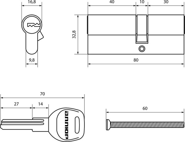 Изображение товара Цилиндровый механизм замка Аллюр HD F 80-5К BP (35x45) (латунь)