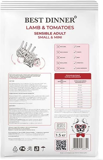 Изображение товара Сухой корм для собак Best Dinner Adult Sensible Mini Lamb & Tomatoes (1.5кг)