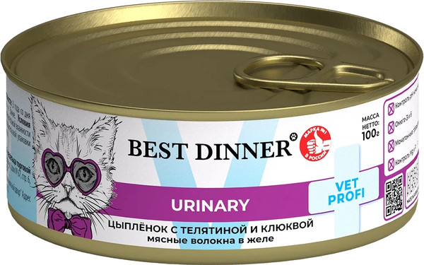 Изображение товара Влажный ветеринарный корм для кошек Best Dinner Vet Profi Urinary Exclusive Цыпленок с телятиной и клюквой (100г)