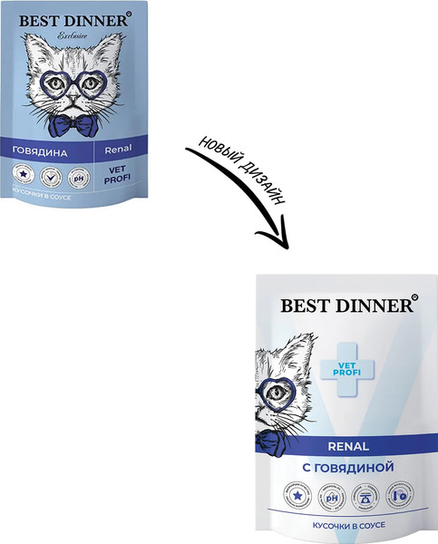 Изображение товара Влажный ветеринарный корм для кошек Best Dinner Vet Profi Renal кусочки в соусе с говядиной (85г)