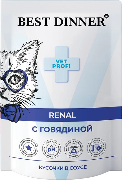 Изображение товара Влажный ветеринарный корм для кошек Best Dinner Vet Profi Renal кусочки в соусе с говядиной (85г)