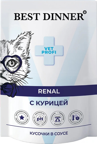 Изображение товара Влажный ветеринарный корм для кошек Best Dinner Vet Profi Renal кусочки в соусе с курицей (85г)
