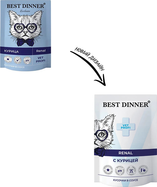 Изображение товара Влажный ветеринарный корм для кошек Best Dinner Vet Profi Renal кусочки в соусе с курицей (85г)