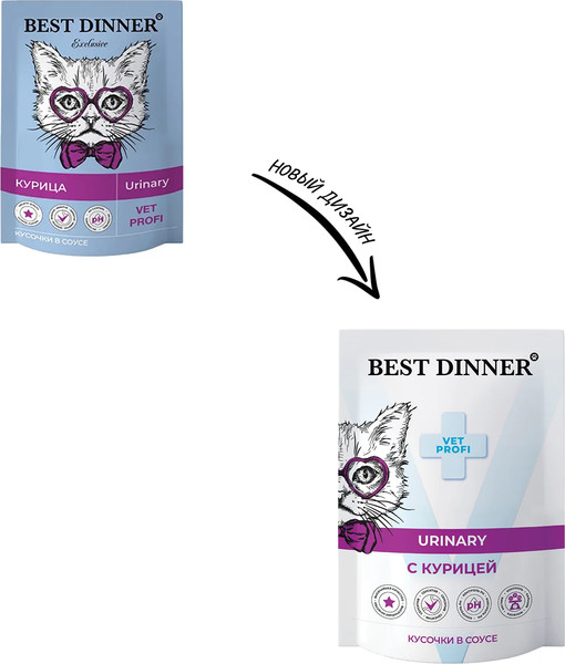 Изображение товара Влажный ветеринарный корм для кошек Best Dinner Vet Profi Urinary кусочки в соусе с курицей (85г)