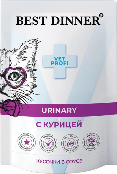 Изображение товара Влажный ветеринарный корм для кошек Best Dinner Vet Profi Urinary кусочки в соусе с курицей (85г)