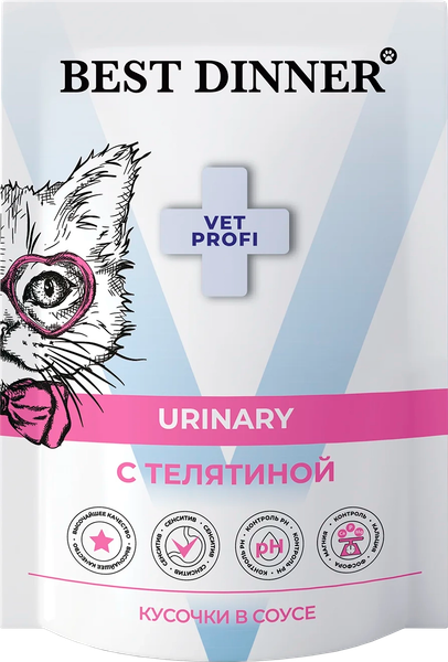 Изображение товара Влажный ветеринарный корм для кошек Best Dinner Vet Profi Urinary кусочки в соусе с телятиной (85г)