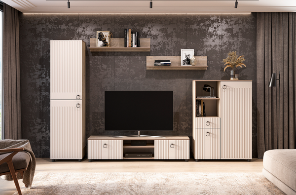 Изображение товара Шкаф-пенал Mio Tesoro Вудхилл со стеклом (эндгрейн/меланж)