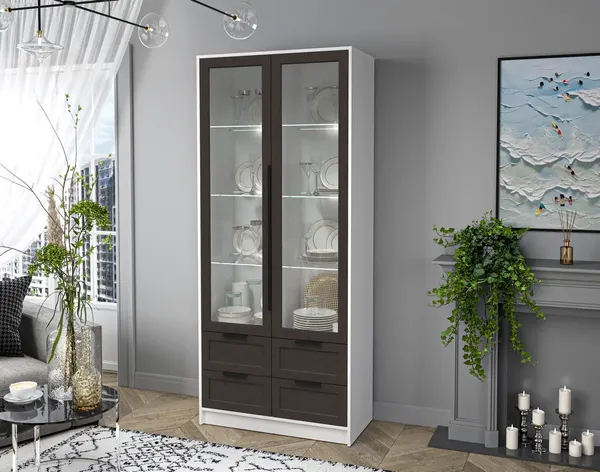 Изображение товара Шкаф с витриной Interline Концепт Тренд КТ-ШВ2 с подсветкой (белый платинум/дуб английский)