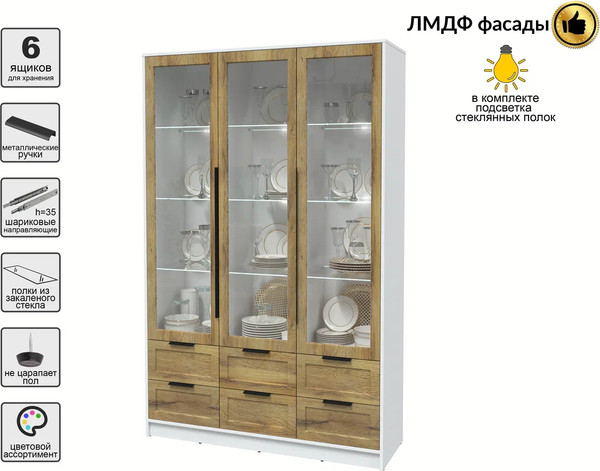 Изображение товара Шкаф с витриной Интерлиния Концепт Тренд КТ-ШВ3 с подсветкой (белый платинум/дуб вотан)