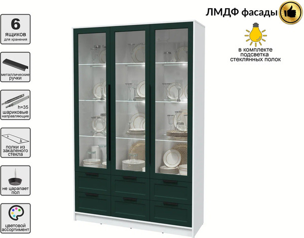 Изображение товара Шкаф с витриной Интерлиния Концепт Тренд КТ-ШВ3 с подсветкой (белый платинум/изумруд)