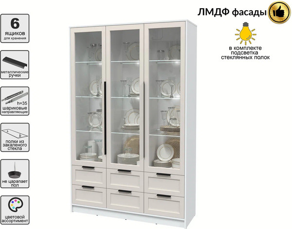 Изображение товара Шкаф с витриной Интерлиния Концепт Тренд КТ-ШВ3 с подсветкой (белый платинум/кашемир)