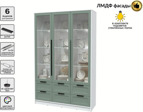 Изображение товара Шкаф с витриной Интерлиния Концепт Тренд КТ-ШВ3 с подсветкой (белый платинум/мята)