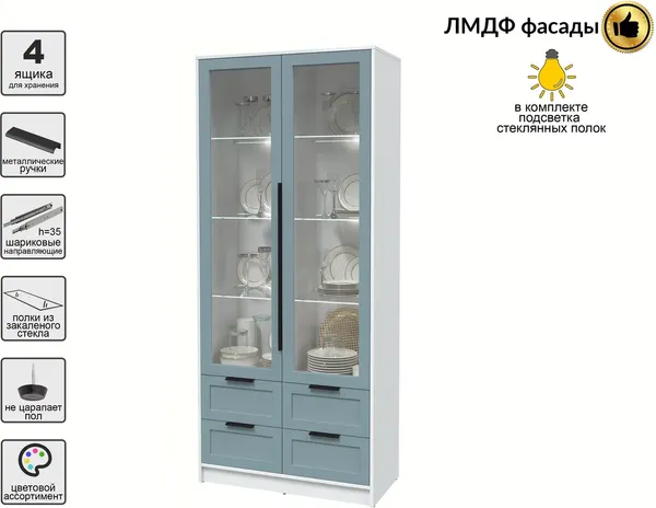 Изображение товара Шкаф с витриной Интерлиния Концепт Тренд КТ-ШВ2 с подсветкой (белый платинум/океан)