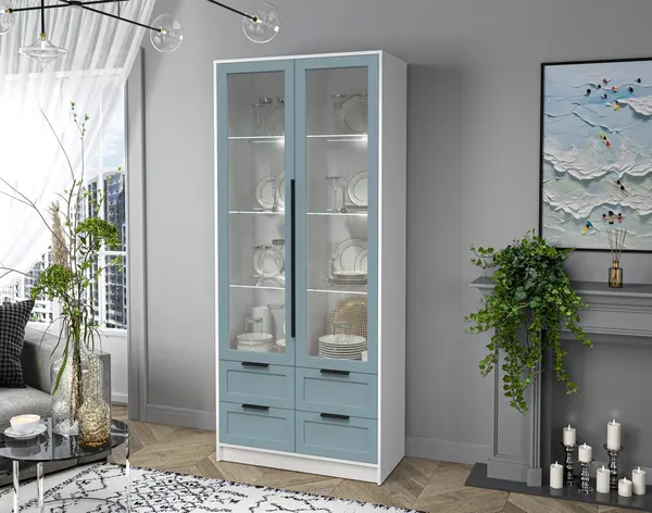 Изображение товара Шкаф с витриной Интерлиния Концепт Тренд КТ-ШВ2 с подсветкой (белый платинум/океан)