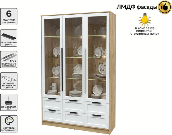 Изображение товара Шкаф с витриной Интерлиния Концепт Тренд КТ-ШВ3 с подсветкой (дуб золотой/белый)