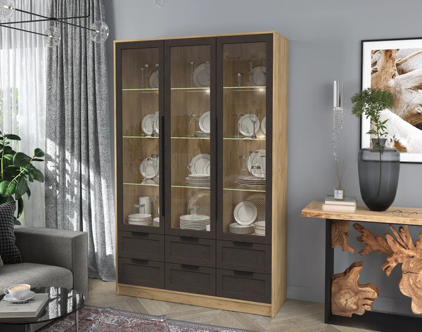 Изображение товара Шкаф с витриной Интерлиния Концепт Тренд КТ-ШВ3 с подсветкой (дуб золотой/дуб английский)