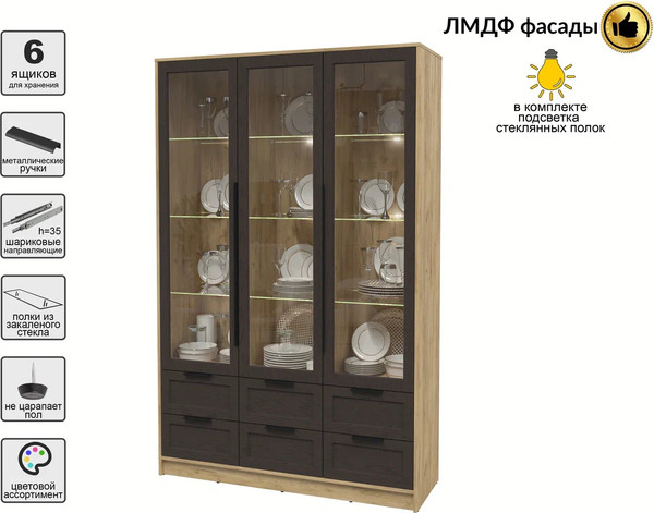 Изображение товара Шкаф с витриной Интерлиния Концепт Тренд КТ-ШВ3 с подсветкой (дуб золотой/дуб английский)