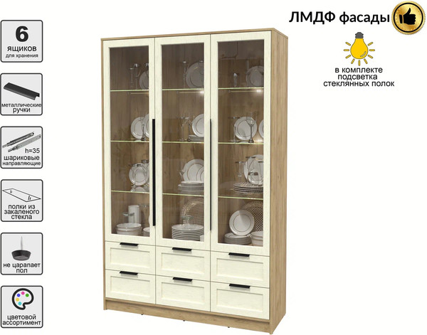 Изображение товара Шкаф с витриной Интерлиния Концепт Тренд КТ-ШВ3 с подсветкой (дуб золотой/дуб снежный)
