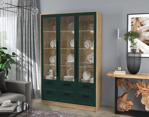 Изображение товара Шкаф с витриной Интерлиния Концепт Тренд КТ-ШВ3 с подсветкой (дуб золотой/изумруд)
