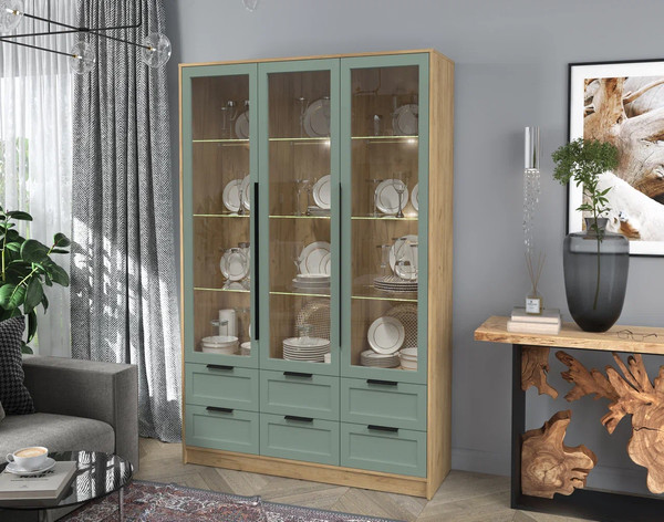 Изображение товара Шкаф с витриной Интерлиния Концепт Тренд КТ-ШВ3 с подсветкой (дуб золотой/мята)