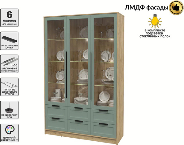 Изображение товара Шкаф с витриной Интерлиния Концепт Тренд КТ-ШВ3 с подсветкой (дуб золотой/мята)