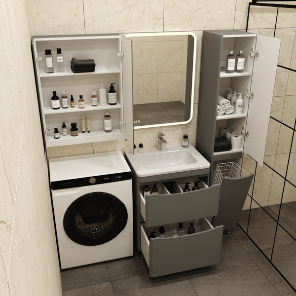 Изображение товара Тумба с умывальником Symbolite Бергамо мини 60 Люкс Plus 2 ящика + Каре Люкс Мини 60х35 (серый)