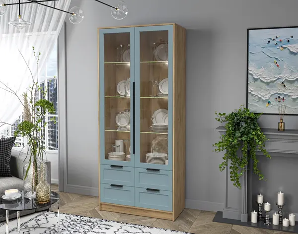 Изображение товара Шкаф с витриной Интерлиния Концепт Тренд КТ-ШВ2 с подсветкой (дуб золотой/океан)