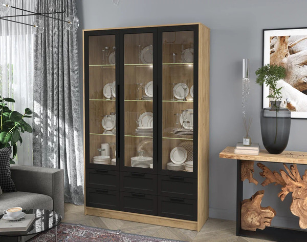 Изображение товара Шкаф с витриной Интерлиния Концепт Тренд КТ-ШВ3 с подсветкой (дуб золотой/черный)