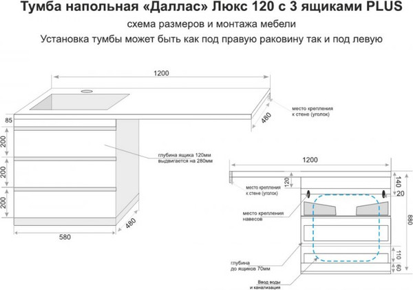 Изображение товара Тумба с умывальником Symbolite Даллас 120 Люкс Plus 3 ящика + Даллас 120x48 (правый, белый)