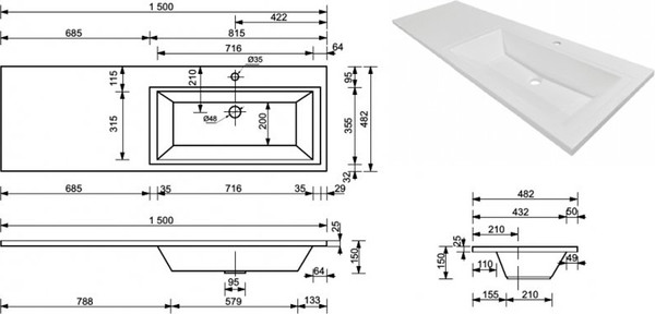 Изображение товара Тумба с умывальником Symbolite Даллас 150 Люкс Plus 3 ящика + Даллас 150x48.2 (правый, белый)