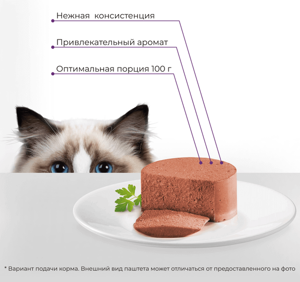 Изображение товара Влажный корм для кошек Yumster Полнорационный паштет д/стерилизованных кошек Телятина с почками (100г)